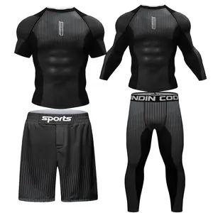 Baru 4 buah/set kaus + celana Kickboxing Rashguard Jiu Jitsu MMA + celana pendek bergulat Bjj pakaian olahraga pelindung ruam tinju pakaian Gym MMA