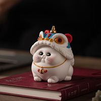 Petite figurine en céramique style chinois, Danse du lion et Chat porte-bonheur, Décoration mignonne pour salon, bureau et voiture