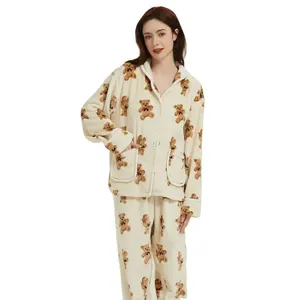 High Quality Customizable Printed Letter Graphic Full Sleeve Flannel Pajamas Sleepwear Set For Women Wholesale From Bangladesh