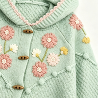 Cardigan en tricot épais à capuche pour bébés filles, broderie florale faite à la main, doux et respirant, avec boutons en corne, OEM ODM, collection hiver