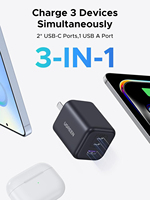UGREEN 45W USB C Charger (Teknologi GaN ll) PPS 3 Port Pengisi Daya Super Cepat Matte Black Wall Charger Block untuk Galaxy S25/S24 Ultra