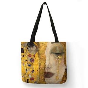 Sac à main en toile de lin avec peinture à l'huile pour femmes, fourre-tout personnalisé avec motif de larmes, sac de Shopping de grande capacité, Gustav Klimt - Product Image 1