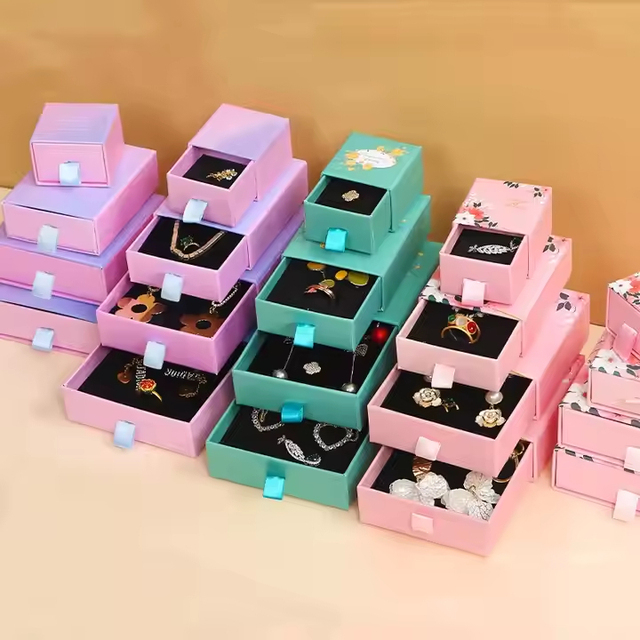 Custom Luxury Drawer Jewelry Box Rigid Cardboard Ring Packaging With Velvet Insert Ribbon Pull Out Sliding Design