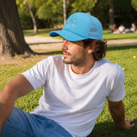Casquettes de camionneur respirantes tendance bleu ciel pastel en mousse à 5 panneaux avec broderie personnalisée et fermeture snapback