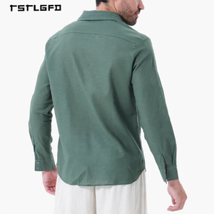 Men Linen Cotton Blend Long Sleeve Shirt Solid Green Classic Turn Down Collar Button Up <b>Chest</b> Pocket Casual Breathable Top - Product Image 5