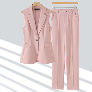 Women's Pink Suit <b>Set</b> Sleeveless <b>Blazer</b> Pants Solid Color Polyester Anti-Wrinkle Professional Workwear - Product Image 1