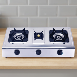 Table de cuisson à gaz 3 brûleurs en acier inoxydable avec support hexagonal, allumage électronique et commande par bouton pour usage domestique - Product Image 3