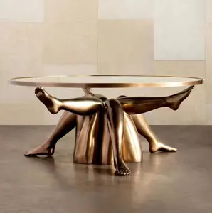 Table basse ronde en verre de luxe moderne, pieds de beauté abstraite, Base plaquée en laiton haut de gamme de styliste