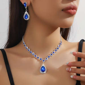 Conjunto de Collar, Pendientes y Pulsera con Cristales en Forma de Lágrima Azul Marino Brillante, Cadenas Finas, Regalo, Juego de 3 Piezas - Product Image 3