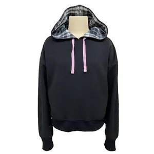 High Quality Yarn Dyed Scuba Fabric Hoodie With Plaid Woven Hood Lining For Girls