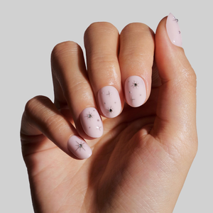 Faux ongles en PMMA à presser, marque privée, réutilisables, courts, ovales, <span class=keywords><strong>rose</strong></span> laiteux, <span class=keywords><strong>avec</strong></span> <span class=keywords><strong>strass</strong></span> en forme d'étoile, finition brillante, colle incluse - Product Image 4