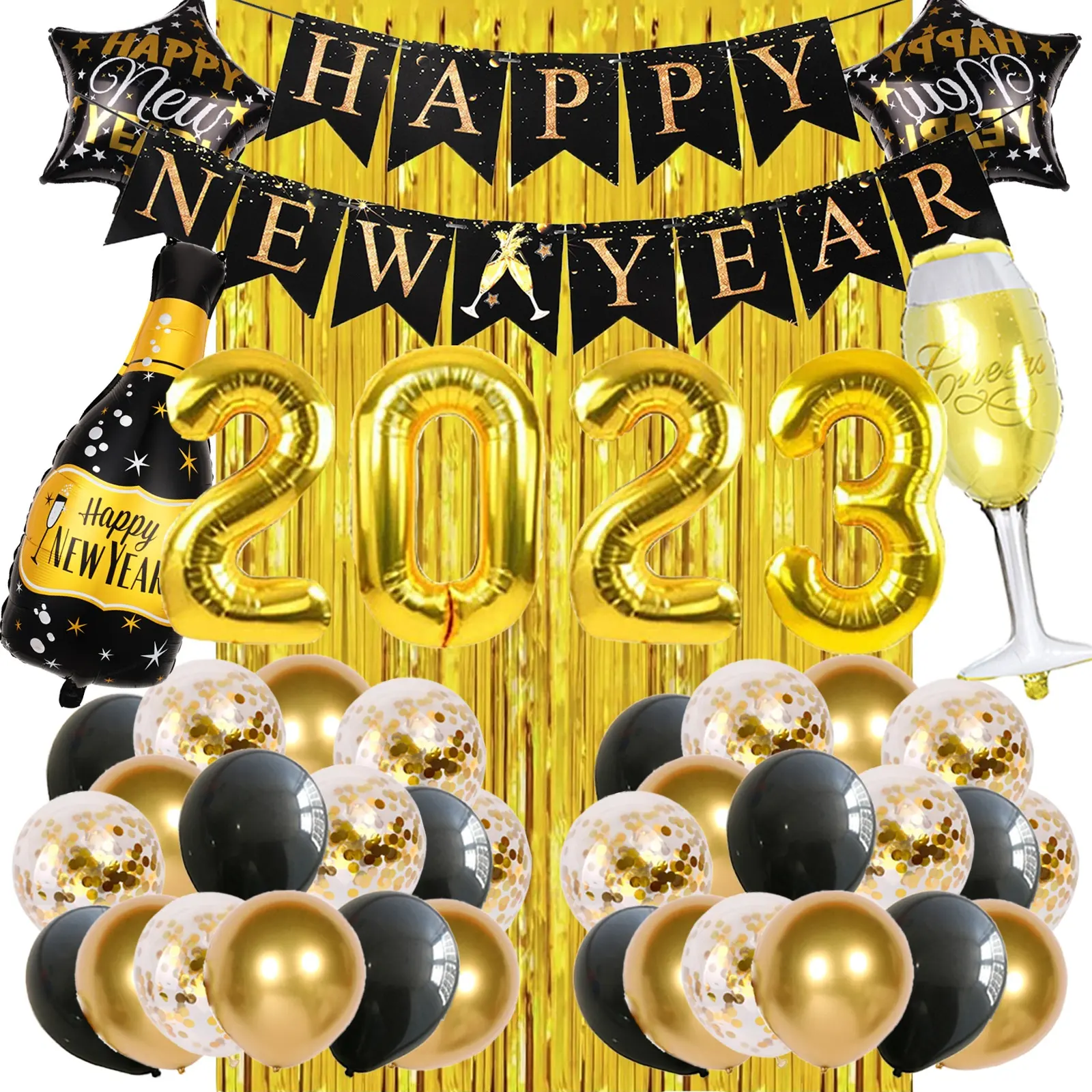 Happy New Year Eve 2023 New Arrivals Foil Balloon Kit with Banner Gold Curtain New Year Anniversary Party Supplies