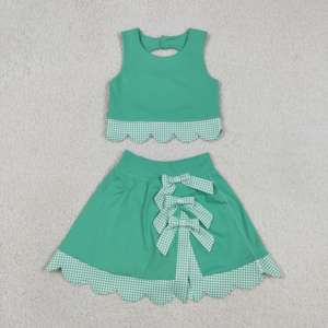 Conjunto de yoga sin mangas para niña, con falda estampada verde y lazos a cuadros, ideal para el verano, venta al por mayor, modelo GSD3320 RTS. - Product Image 1
