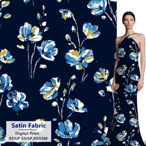 Mềm <span class=keywords><strong>Satin</strong></span> 95% Polyester 5% Căng Tùy Chỉnh Màu Xanh Hoa In Kỹ Thuật Số Dệt 95gsm Lụa <span class=keywords><strong>Satin</strong></span> Vải Cho Đảng Ăn Mặc - Product Image 4