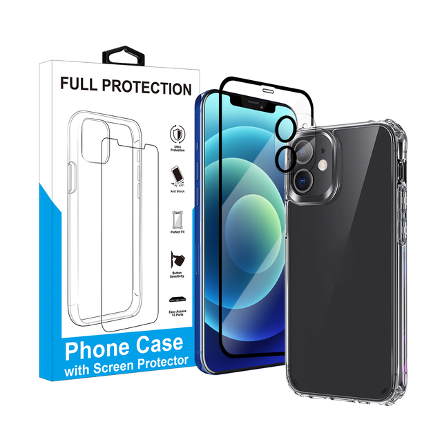 For iPhone 12 11 XS 3D Silkprint Camera Lens Protector + 2.5D Tempered Glass Screen Protector + Mobile Phone TPU PC Case Set
