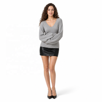 Pull en maille côtelé à col en V et manches lanternes pour femme, coupe ajustée, épaules tombantes, manches longues, automne-hiver, vente en gros ODM