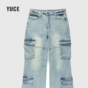 Jean cargo YUCE pour homme, coupe ample, <span class=keywords><strong>denim</strong></span> bleu clair, multi-poches, jambe large empilée, délavage vintage, streetwear, fabrication OEM sur mesure - Product Image 3