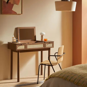 Consolle/Tavolo da Trucco in Rattan Effetto Rovere Scuro Giapponese <span class=keywords><strong>Pavia</strong></span> con Cassetti Regolabili, Mobile Contenitore Durevole ed Ecologico per la Casa - Product Image 1