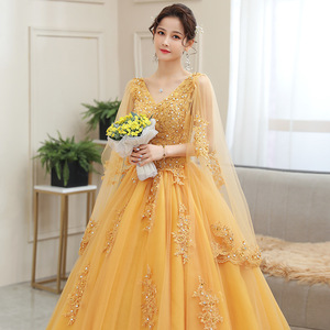 Golden Tulle Performance Dress Women Stage Costume Long Puffy Gown Art Exam Vocal Solo Host Wear - Product Image 2