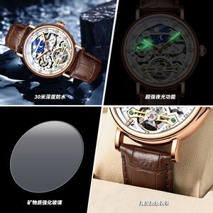 Binbond Men's Skeleton Mechanical Watch 44mm Automatic Tourbillon Dual Time Zone Leather Strap Round Dial - Product Image 4