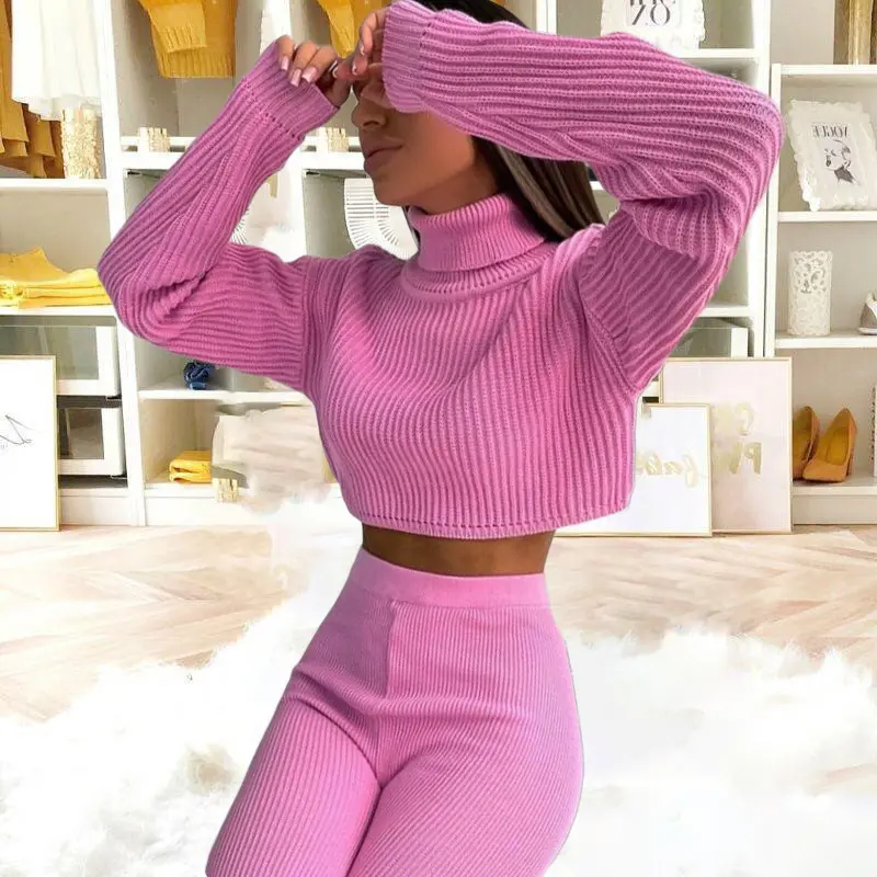 2022 Women INS High Neck Long Sleeve High Waist Pure Color Wool Pants Two-Piece Suit