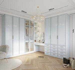 Armario Moderno de Madera Azul Claro con Puerta de Vidrio Esmerilado y Herrajes Dorados |   Armario de Dormitorio Personalizado con Cajones de Almacenamiento Integrados - Product Image 2