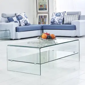 China manufacturer tempered bent glass coffee table living room home furniture modern 2 Tiers glass coffee tables/ center tables
