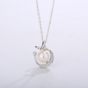 S925 Sterling Silver Freshwater Pearl <b>Bow</b> Circle Pendant Necklace CZ Elegant Jewelry <b>Gift</b> for Women - Product Image 3