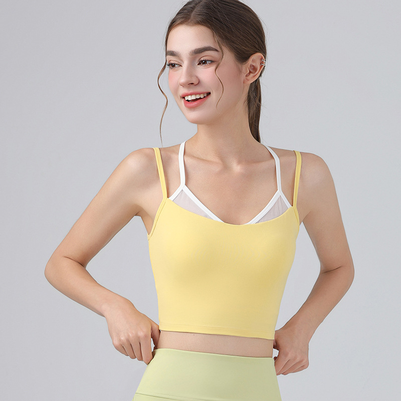 Double Layer Contrast Color Girls Mesh Crop Top Shockproof Sports Gym Vest Active Stretch Fitness Yoga Tops