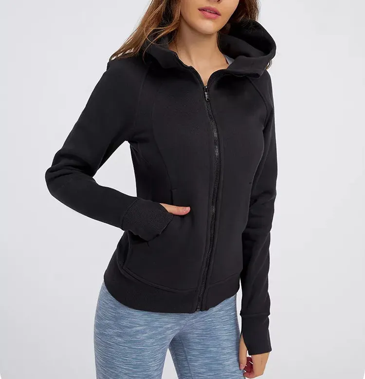 100% Cotton Black Slim Fit Jackets Women's Fleece Zip Hooded Sweatshirt