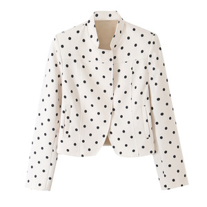 Blazer personnalisé 2026 pour <span class=keywords><strong>femme</strong></span> à pois, col montant, coupe décontractée, veste de bureau avec fermeture à bouton unique, hauts vintage OEM/ODM - Product Image 1