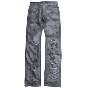 <span class=keywords><strong>Jeans</strong></span> Neri Stonewashed a <span class=keywords><strong>Vita</strong></span> <span class=keywords><strong>Bassa</strong></span> con Grandi Strappi e Rivestimento in Cera, Pantaloni in Denim Slim-Fit con Effetto Lavaggio Acqua e Fori, Rivestimento in Cera Spazzolata Primaverile - Product Image 1