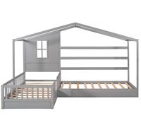 Lit double en bois en forme de L avec garde-corps de toit, design Montessori (gris), pas besoin de matelas à ressorts