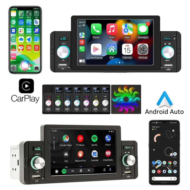 1 Din 5" CarPlay Radio Car Stereo BT MP5 Player Android-Auto Hands Free A2DP USB FM Receiver Audio System Head Unit F160C