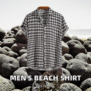 เสื้อเชิ้ตชายลายฮาวด์ทูธสไตล์ฮาวายสำหรับฤดูร้อน แขนสั้น ระบายอากาศได้ดี เหมาะสำหรับใส่ไปเที่ยวชายหาดหรือใส่ในโอกาสต่างๆ - Product Image 3