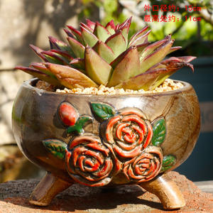 Msh Handgeschilderde Ruwe Aardewerk Schotel Bloempot Groene Plantenbak Met Drie Voet - Product Image 5