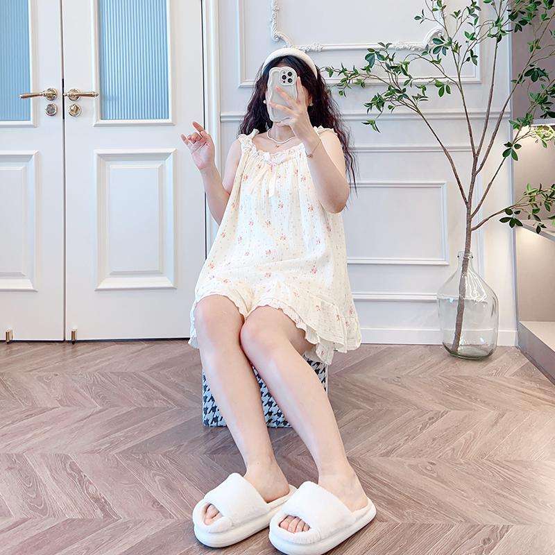 Fat m Korean Cute Suspender Shorts Pajamas Suit Breathable Gauze
