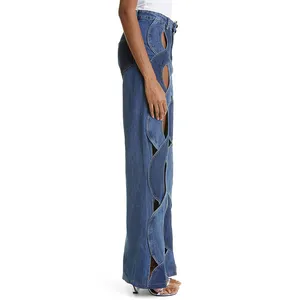 TWOTWINSTYLE סיטונאי אופנה חדשה ז'אן קריסקרוס קולורבלוק חלול פרחוני מכנסי ג'ינס וינטג' לנשים