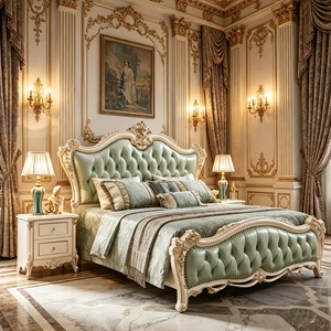 Lit classique européen en bois massif sculpté, avec cadre rembourré en cuir, taille King Size, ensemble de meubles de chambre de luxe pour villa, hôtel, maison - Product Image 2