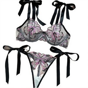 Lune de miel <span class=keywords><strong>Sexy</strong></span> violet maille ensemble de Lingerie pour femmes brodé papillon <span class=keywords><strong>Transparent</strong></span> ODM approvisionnement contrôle de la lumière dentelle Jersey - Product Image 3