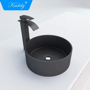Évier de salle de bain moderne rond en granit noir avec plateau, facile à nettoyer - Product Image 4