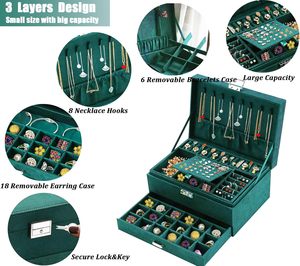 Caja Organizadora de Joyas Ecológica de Terciopelo Verde de 3 Capas con Logotipo Personalizado y Cerradura con Llave, Estuche de Almacenamiento de Joyas para Mujer, Anillos, Collares - Product Image 3