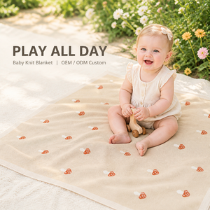 Coperta per Neonati Lavorata a Maglia con Motivo a Fungo Punteggiato, Beige Cammello con Frange, per Culla e Passeggino, Disponibile in Dropshipping - Product Image 1