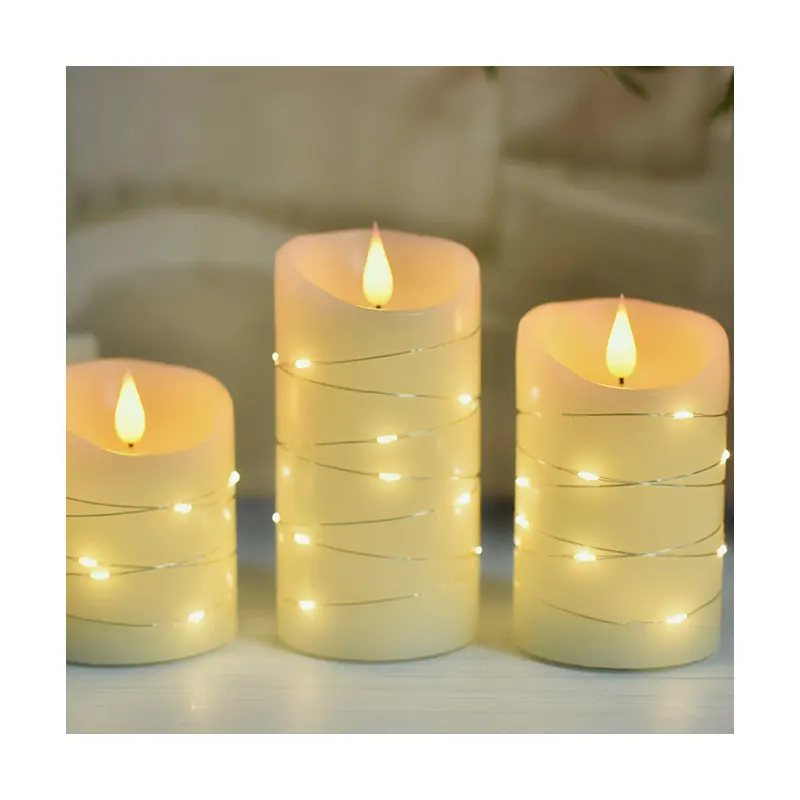 3 pack Paraffin Wax Pillar Candles 7.5cm with String Light Accents,Home Decor Flameless LED Candles with Remote Timer