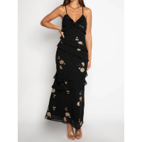 Robe longue sans bretelles à volants superposés, dos croisé, en mousseline de soie à sequins floraux dorés, pour l'été, décontractée et de loisirs