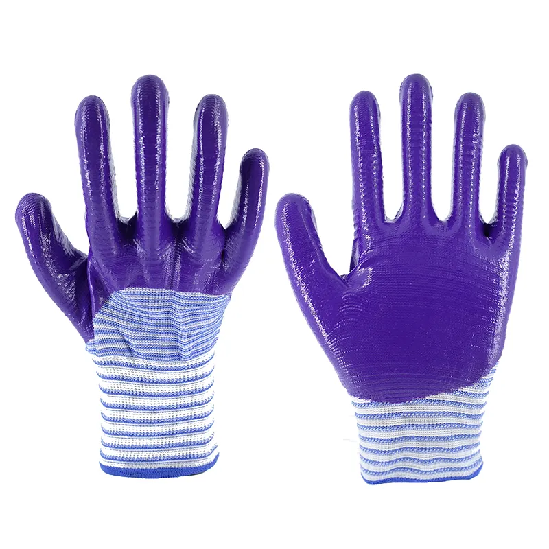 Duurzame U3 Handschoenen 13G Wit En Blauw Polyester Ondergedompelde Paarse Veiligheid Nitril Handschoenen Voor Industrieel Werk