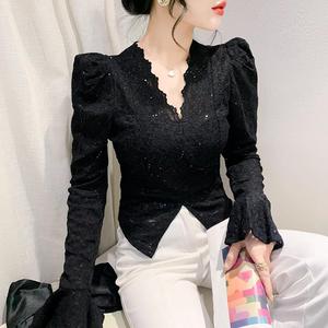 Camisa de moda retro con cuello en V, mangas elásticas de encaje, lentejuelas <span class=keywords><strong>brillantes</strong></span> y espalda hermosa - Product Image 4