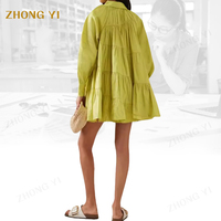 Robe de printemps et d'été pour femmes, mini-jupe à boutons vert pur à manches longues personnalisée, plissée, décontractée, chemises pour femmes, robes courtes