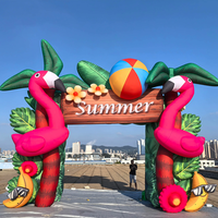 Publicité Extérieure Fête sur la Plage d'Été Entrée Animale Palmier Décoration Tropicale Arche Flamant Rose Gonflable avec Lumière LED