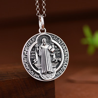 Collar con Colgante de Medalla de San Benito en Plata S925, Estilo Vintage, Acabado Antiguo, Amuleto Religioso para Niños, Hombres y Mujeres